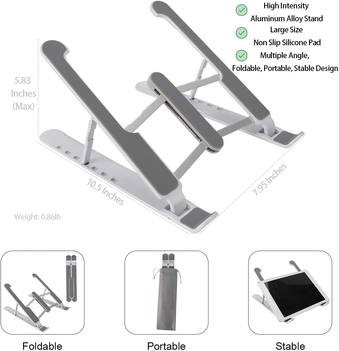 Exrisiry Portable Laptop Stand, 7 Heights Adjustable Ergonomic Laptop Riser Foldable Aluminum Alloy Computer Stand, Compatible with 10 - 15.6 inches Notebook, MacBook Pro, iPad, Tablets