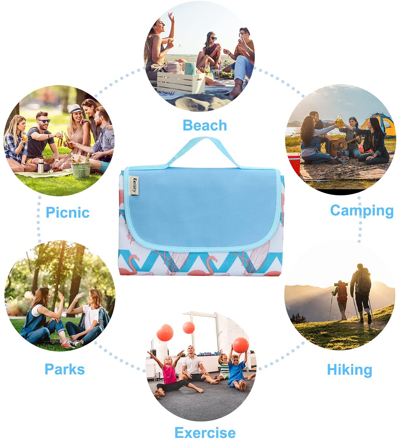 Picnic Mat Sand Free Waterproof, Exrisiry Beach Blanket Foldable Large Size 57“x78” 2 Layers Picnic Blankets Sandproof for Outdoor, Hiking, Travel, Park, Grass