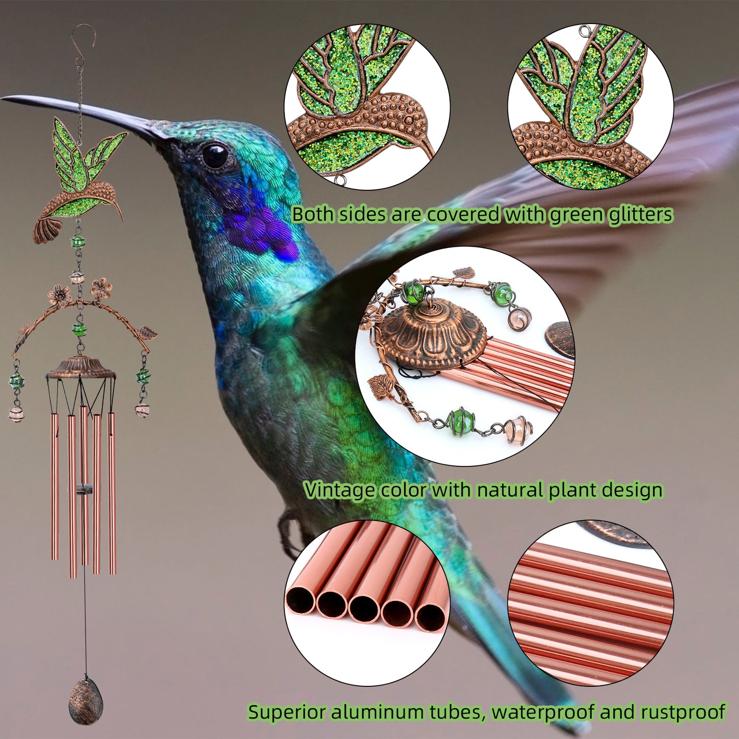 Wind Chimes - Hummingbird Wind Chimes for Outside Deep Tone 34 inches 5 Aluminum Tubes, Thanksgiving, Christmas, Birthday Gifts for Mom, Grandma, Daughter, Decoration for Home, Garden, Patio, Backyard