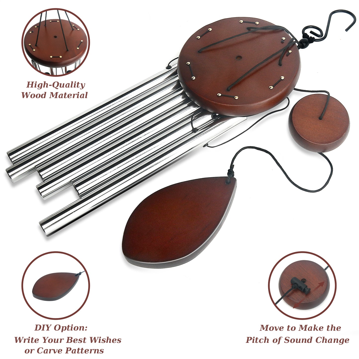 Exrisiry Wind Chimes, 28'' Chimes for Outside Large Deep Tone 6 Aluminum Alloy Tubes Memorial Redwood Wind Chime with S Hook for Friends and Family, Unique Decor for Patio, Garden, Backyard