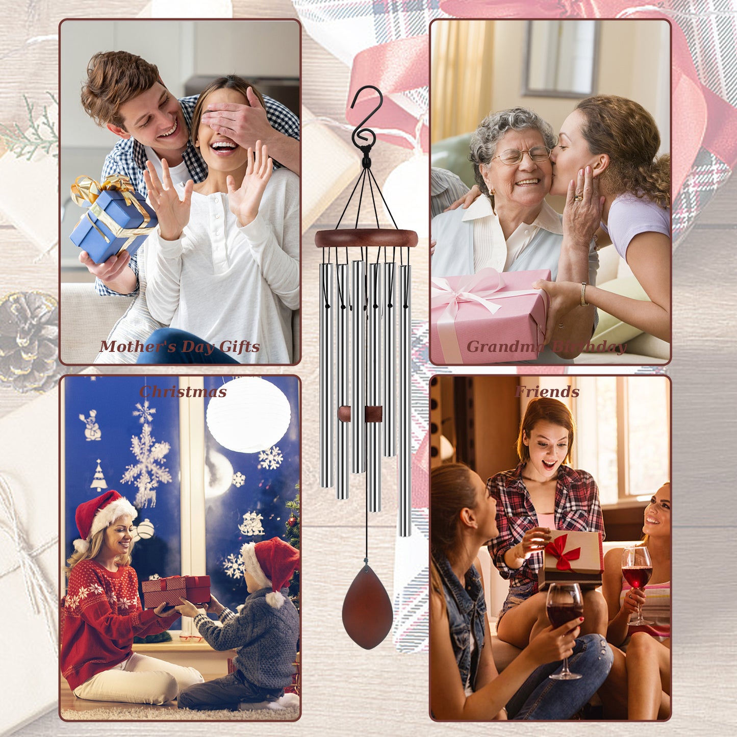 Exrisiry Wind Chimes, 28'' Chimes for Outside Large Deep Tone 6 Aluminum Alloy Tubes Memorial Redwood Wind Chime with S Hook for Friends and Family, Unique Decor for Patio, Garden, Backyard