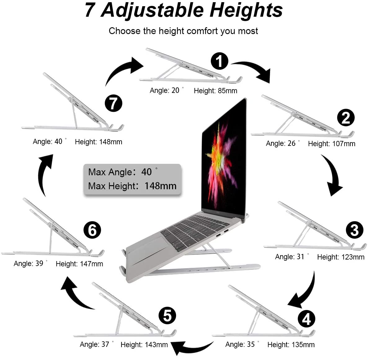 Exrisiry Portable Laptop Stand, 7 Heights Adjustable Ergonomic Laptop Riser Foldable Aluminum Alloy Computer Stand, Compatible with 10 - 15.6 inches Notebook, MacBook Pro, iPad, Tablets