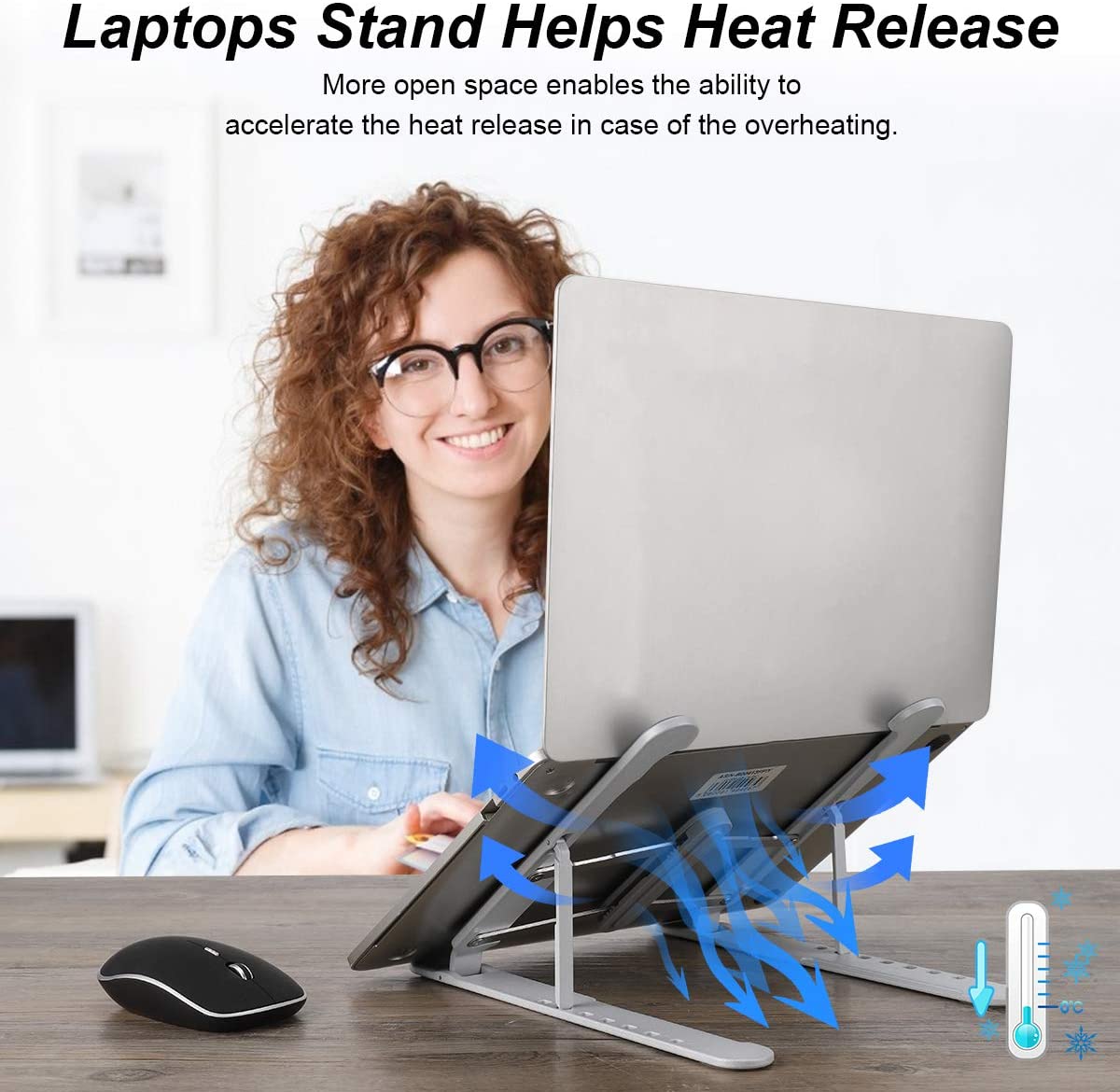 Exrisiry Portable Laptop Stand, 7 Heights Adjustable Ergonomic Laptop Riser Foldable Aluminum Alloy Computer Stand, Compatible with 10 - 15.6 inches Notebook, MacBook Pro, iPad, Tablets
