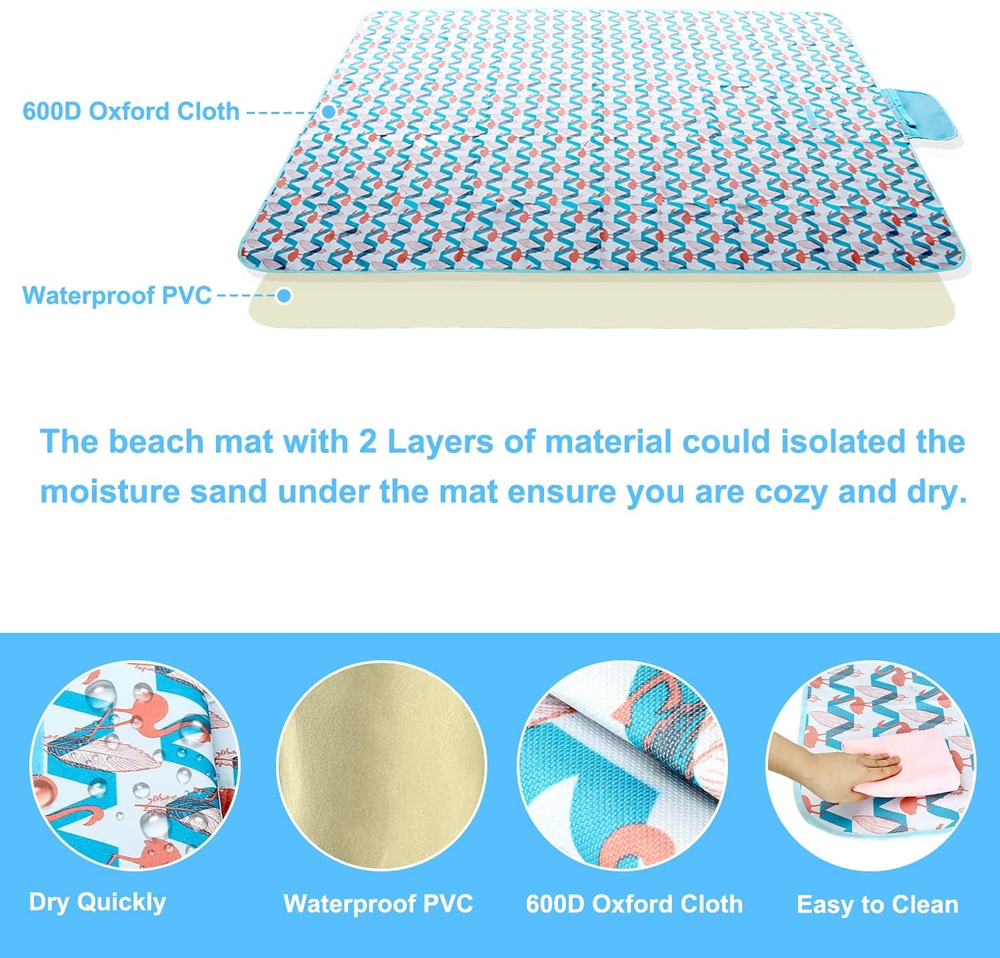 Picnic Mat Sand Free Waterproof, Exrisiry Beach Blanket Foldable Large Size 57“x78” 2 Layers Picnic Blankets Sandproof for Outdoor, Hiking, Travel, Park, Grass